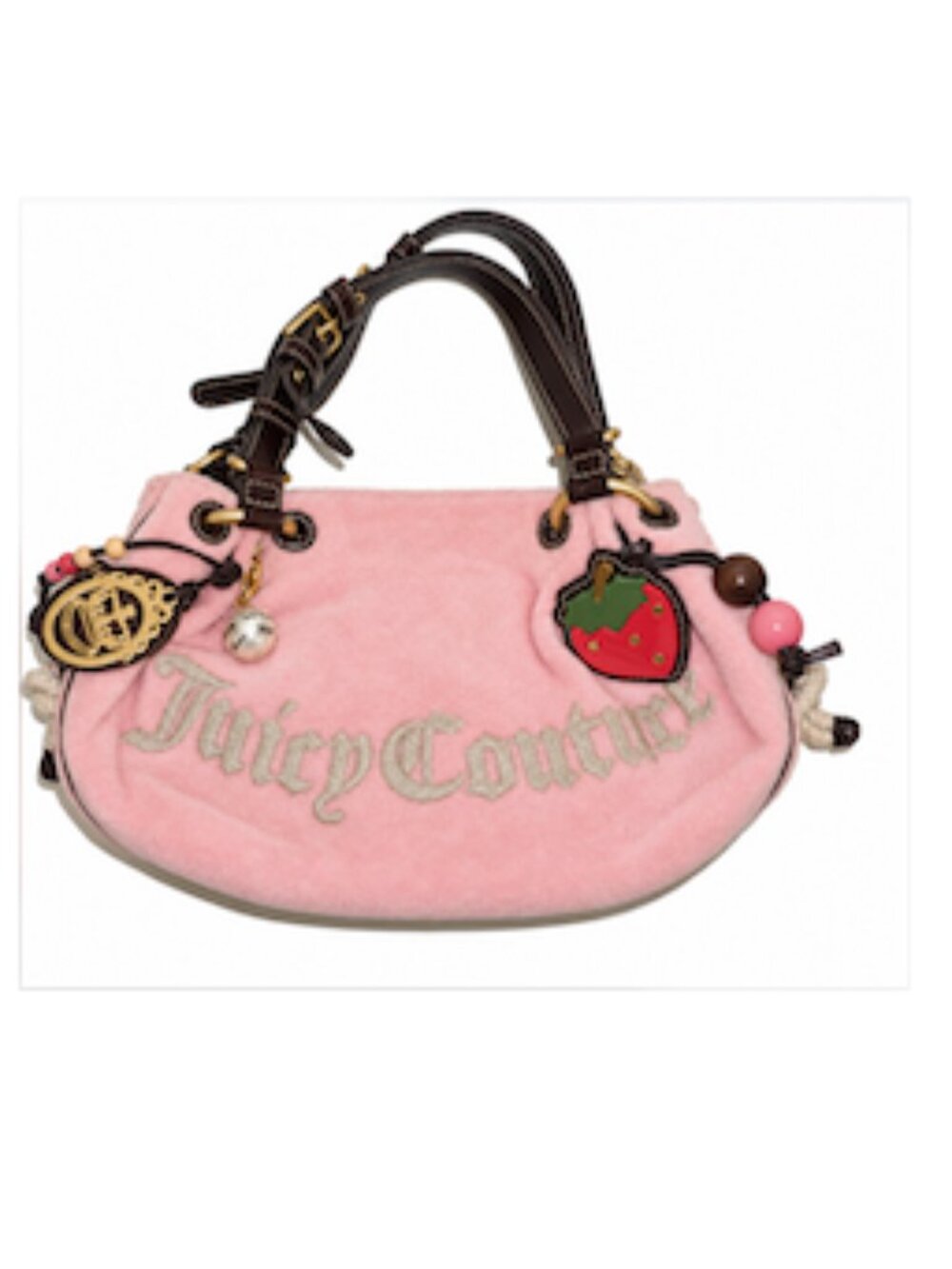 Vintage Juicy Couture Pink Velour Y2K Shoulder Bag Brown Leather Heart Logo